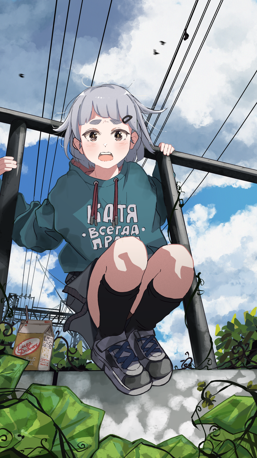 1girl, aqua_hoodie, bird, black_socks, blunt_bangs, blush, bob_cut, brown_eyes