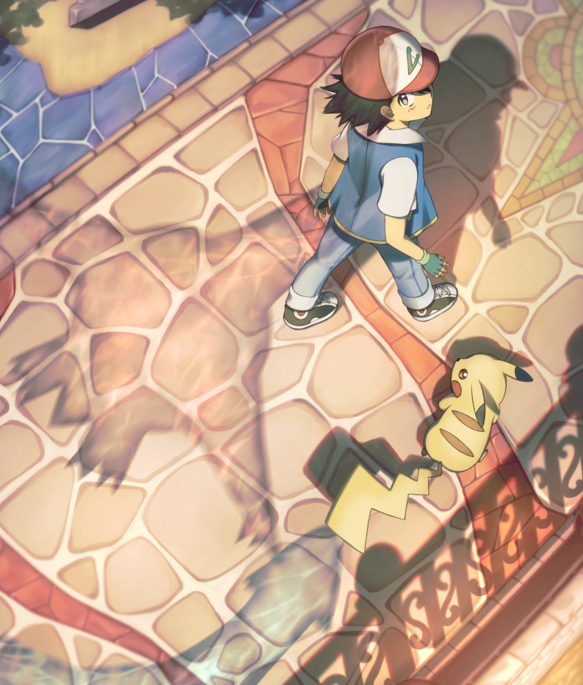 1boy, ash_ketchum, black_footwear, black_hair, brown_eyes, closed_mouth, commentary_request, day