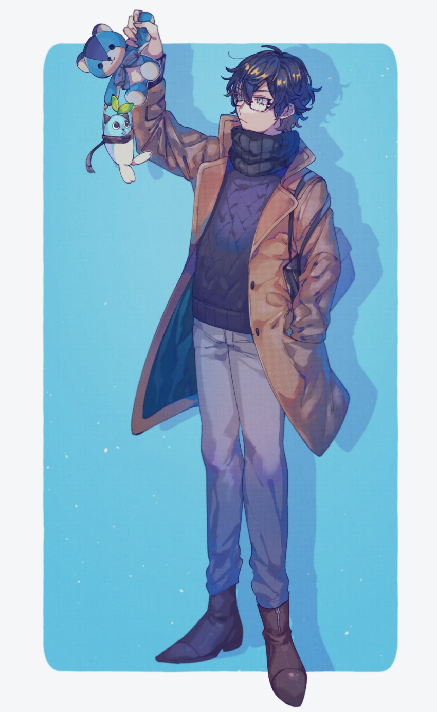 1boy, absurdres, ankle_boots, aqua_eyes, aran_sweater, bag, black_scarf, blue_background, blue_hair, boots, border, brown_coat, brown_footwear, cable_knit, cat, closed_mouth, coat, double-parted_bangs, expressionless, fujikawa_ua, full_body, glasses, grey_pants, hair_between_eyes, hand_in_pocket, highres, holding, holding_stuffed_toy, leos_vincent, looking_at_animal, male_focus, mameneko_(leos_vincent), nijisanji, outside_border, pants, purple_sweater, scarf, short_hair, shoulder_bag, simple_background, solo, standing, stuffed_animal, stuffed_toy, sweater, teddy_bear, virtual_youtuber, white_border