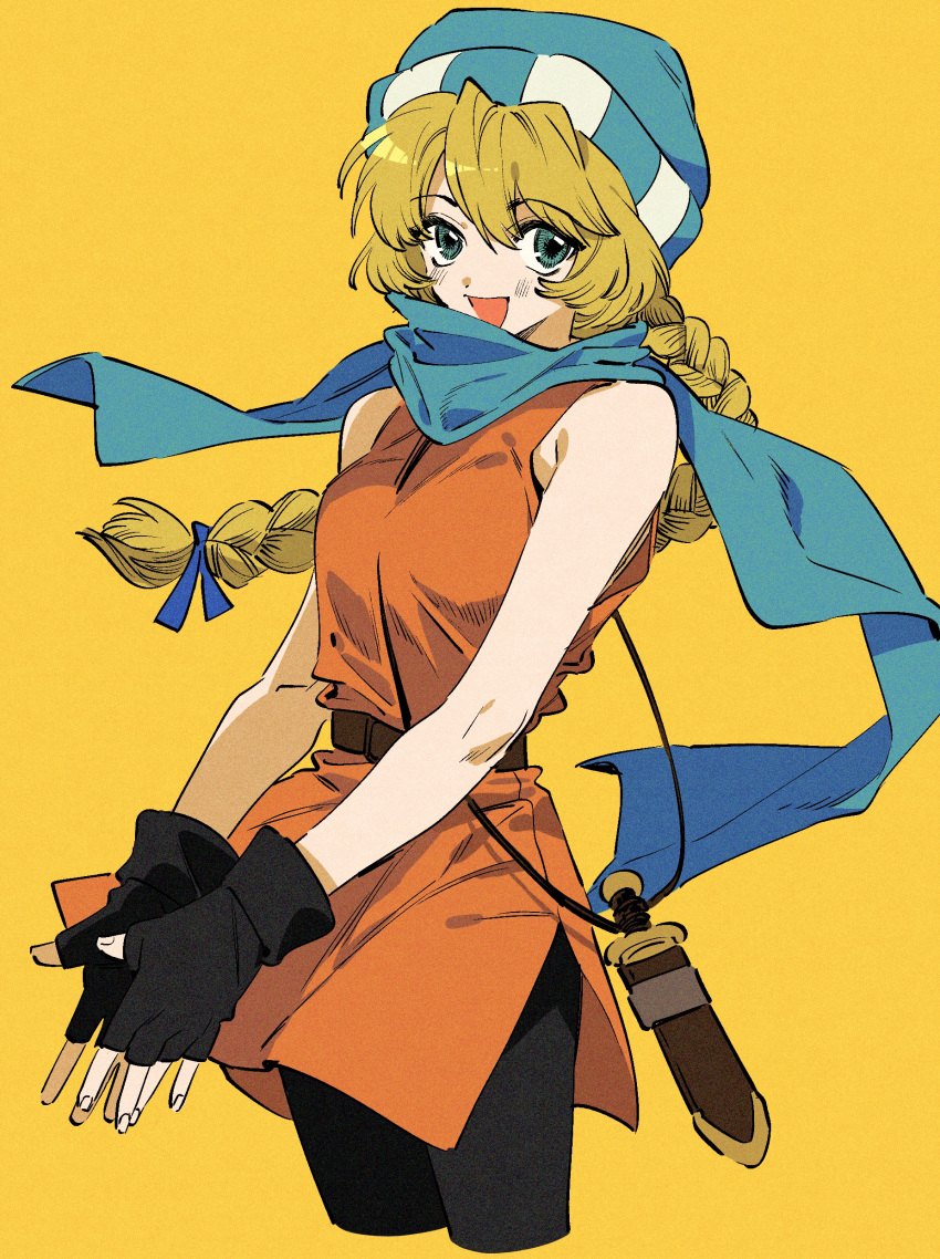 1girl, :d, absurdres, belt, black_gloves, blonde_hair, blue_scarf, braid, fingerless_gloves, fire_emblem, fire_emblem:_genealogy_of_the_holy_war, gloves, green_eyes, hat, highres, leggings, open_mouth, otokawa_akari, patty_(fire_emblem), scarf, smile, solo, tunic, yellow_background