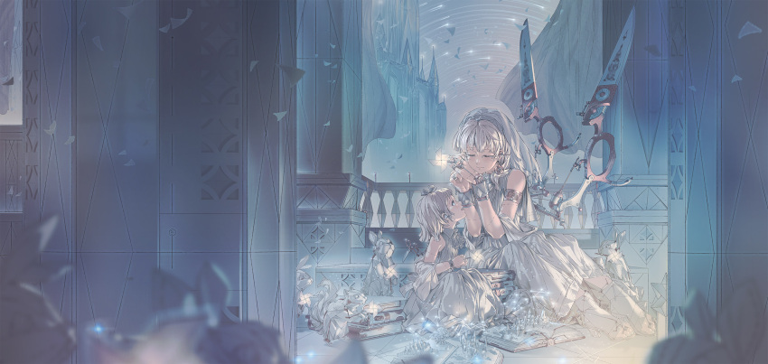2girls, armlet, blurry, blurry_foreground, blush, book, book_stack, bow