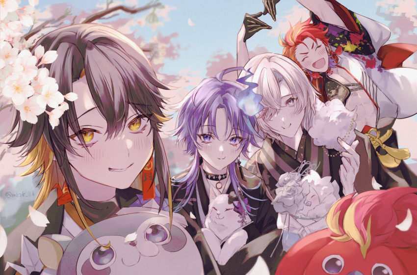 4boys, :d, :t, ^_^, animal, animal_hug, antenna_hair, bird, black_cape, black_choker, black_gloves, black_hair, black_hakama, black_jacket, black_kimono, black_shirt, blonde_hair, blush, cape, cat, cherry_blossoms, choker, closed_eyes, clothed_animal, colored_inner_hair, day, earrings, falling_petals, finger_heart, fur_trim, gloves, grey_eyes, grin, hadanugi_dousa, hair_between_eyes, hair_over_one_eye, hair_slicked_back, hakama, haori, heart_arms, highres, hitodama, hizaki_gamma, hizaki_gamma_(3rd_costume), holostars, igote, jacket, japanese_clothes, jewelry, jinra_(mkzk_116), jyako_(utsugi_uyu), kimono, kotatsu_(yatogami_fuma), long_hair, looking_at_viewer, male_focus, minase_rio, minase_rio_(3rd_costume), mismatched_earrings, multicolored_hair, multiple_boys, official_alternate_costume, orange_hair, origami, paper_crane, parted_bangs, pendant_choker, penguin, petals, pigeon, pink_hair, purple_hair, raccoon, redhead, shirt, short_hair, smile, splatter_print, streaked_hair, tassel, turtleneck, upper_body, uproar_(holostars), utsugi_uyu, utsugi_uyu_(3rd_costume), v-shaped_eyebrows, violet_eyes, virtual_youtuber, white_cat, white_hair, white_kimono, yatogami_fuma, yatogami_fuma_(3rd_costume)
