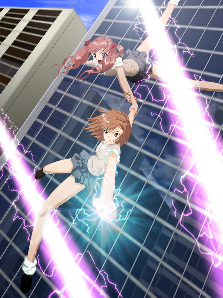 brown_hair, building, electricity, laser_beam, long_hair, misaka_mikoto, neibu, school_uniform, shirai_kuroko, short_hair, sweater_vest, to_aru_kagaku_no_railgun, to_aru_majutsu_no_index, twintails