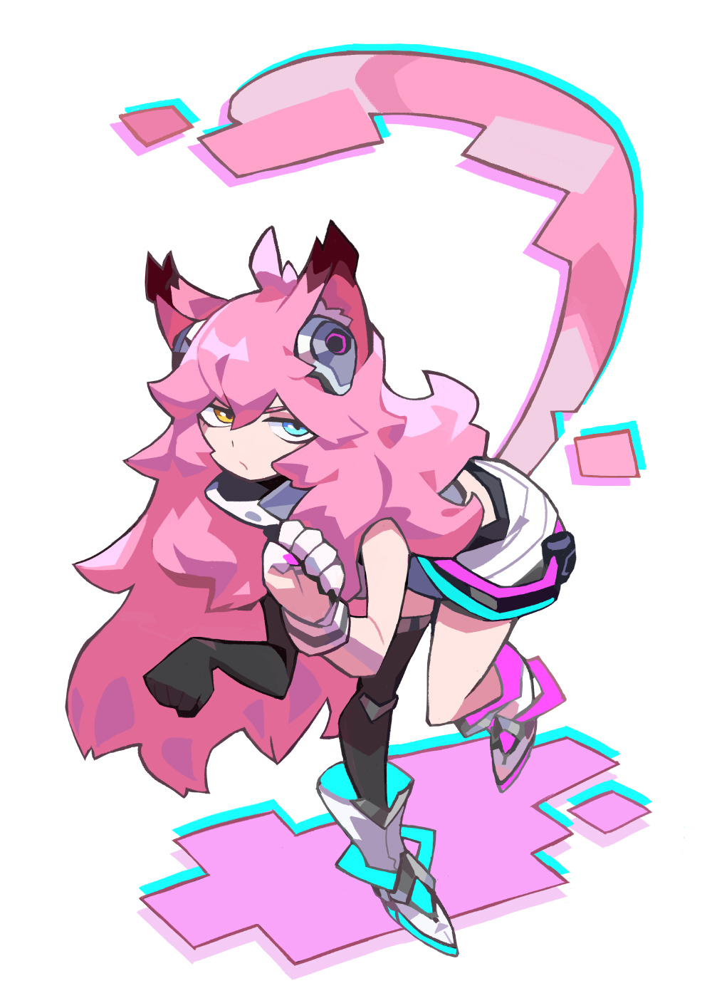 1girl, ai.mi_(omega_strikers), animal_ears, blue_eyes, boots, cat_ears, cat_tail, collared_shirt, earphones, earphones, gloves, hair_between_eyes, heterochromia, highres, looking_at_viewer, niking, omega_strikers, pink_hair, shirt, simple_background, single_leg_pantyhose, skirt, solo, tail, white_background, yellow_eyes
