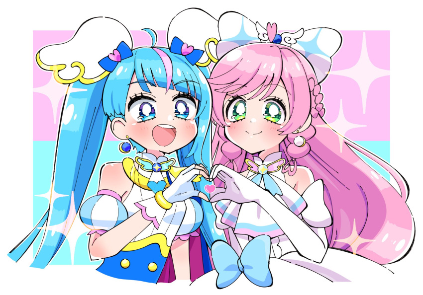 2girls, :d, ahoge, aqua_eyes, aqua_hair, arm_at_side, ascot, blue_bow, blue_ribbon, blunt_bangs, blush, border, bow, bowtie, braid, closed_mouth, collared_dress, collared_shirt, cropped_torso, cure_prism, cure_sky, detached_sleeves, diagonal_bangs, dot_nose, dress, earrings, elbow_gloves, fingerless_gloves, gloves, green_eyes, hair_bow, hair_ornament_request, heart, heart_hands, heart_hands_duo, highres, hirogaru_sky!_precure, jewelry, long_hair, looking_at_viewer, magical_girl, meranoreuka_(pandapaca), multi-tied_hair, multiple_girls, neck_ribbon, nijigaoka_mashiro, open_mouth, precure, puffy_short_sleeves, puffy_sleeves, ribbon, shirt, short_sleeves, side_braid, sidelocks, sleeveless, sleeveless_dress, sleeveless_shirt, smile, sora_harewataru, sparkle, split_mouth, swept_bangs, twintails, two-tone_background, upper_body, very_long_hair, white_ascot, white_border, white_bow, white_dress, white_gloves, white_shirt, wing_hair_ornament