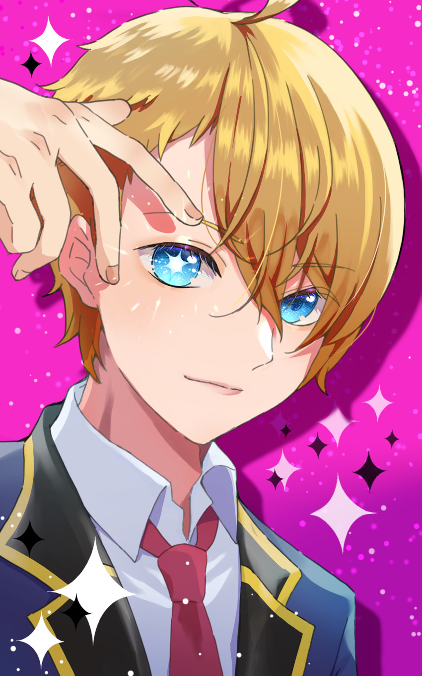 1boy, ahoge, blonde_hair, blue_eyes, blue_jacket, closed_mouth, collared_jacket, collared_shirt