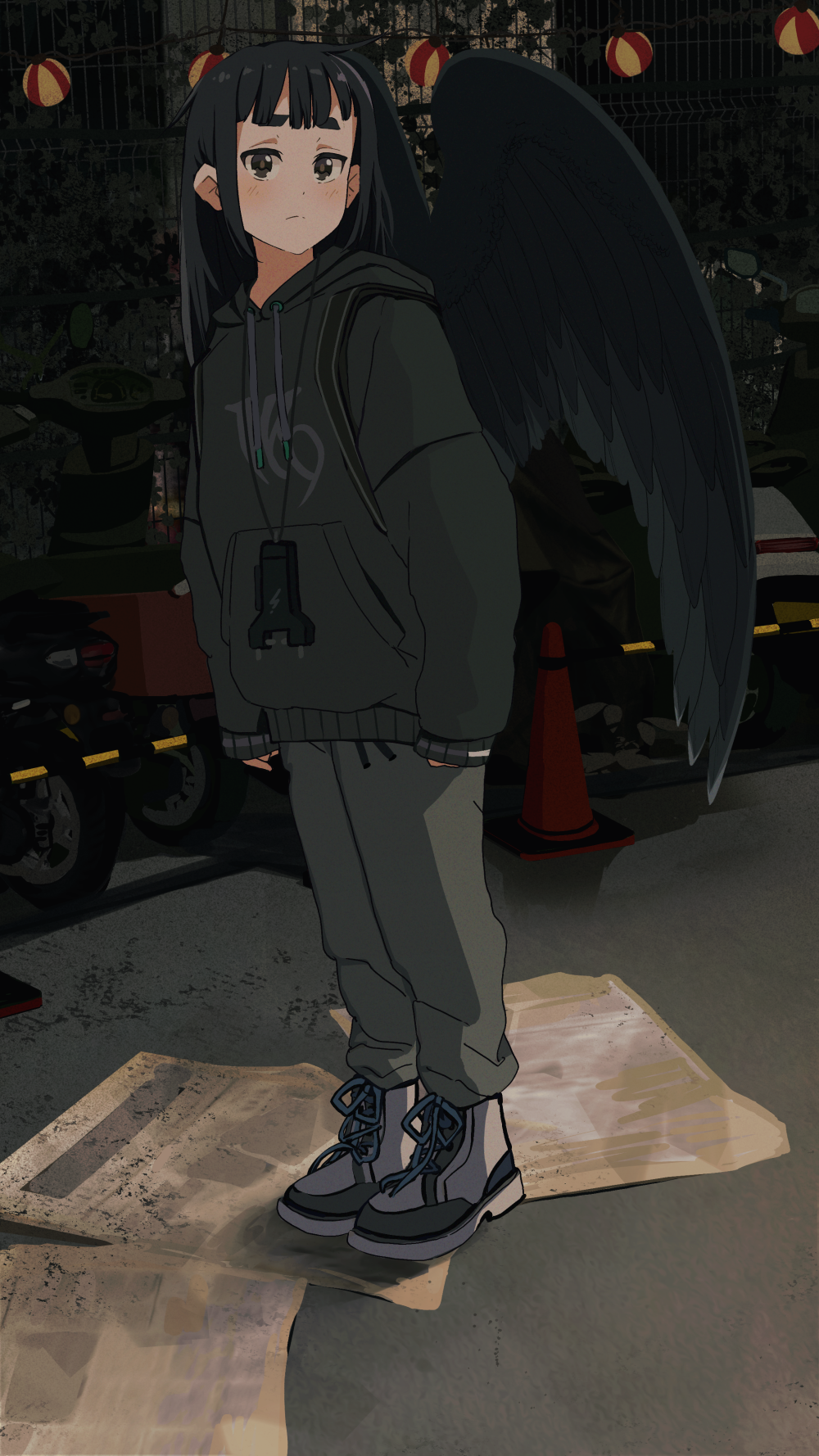 1girl, angel_wings, black_eyes, black_feathers, black_footwear, black_hair, black_hoodie, black_wings