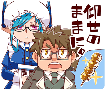 1boy, 1girl, blue_hair, blue_horns, brown_hair, chibi, collared_dress, collared_shirt
