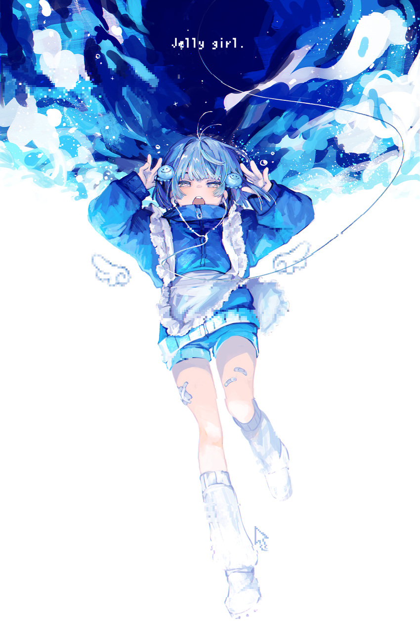 1girl, 8root5, absurdres, apron, bandaid, bandaid_on_leg, blue_eyes, blue_hair