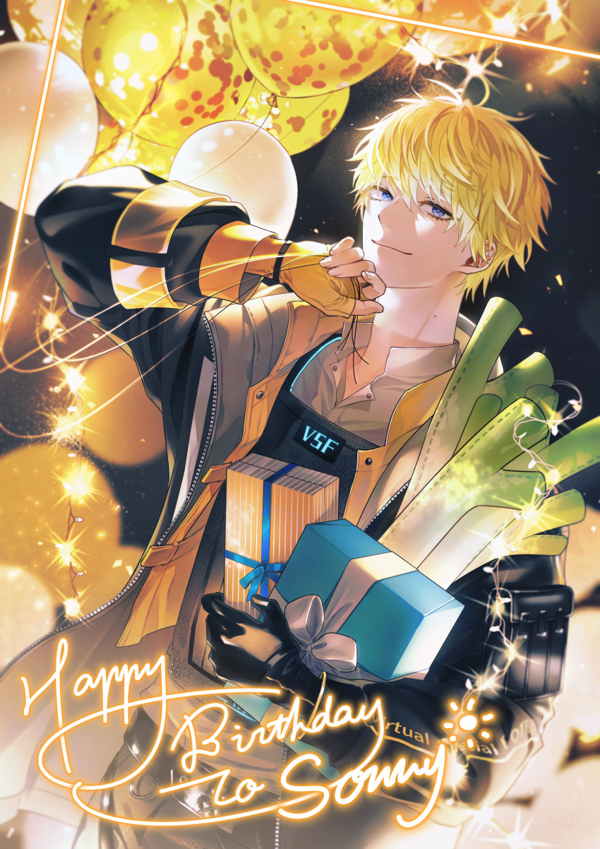 1boy, absurdres, arm_up, asymmetrical_gloves, balloon, belt, black_belt, black_gloves