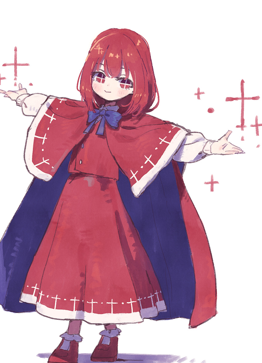 1girl, aged_down, ankle_socks, blue_bow, blue_bowtie, blush, bobby_socks, bow, bowtie, bright_pupils, cape, capelet, closed_mouth, commentary, cross-shaped_pupils, dress, full_body, highres, long_dress, long_sleeves, looking_at_viewer, mary_janes, nama_udon, okazaki_yumemi, outstretched_arms, red_cape, red_capelet, red_dress, red_eyes, shoes, short_hair, simple_background, smile, socks, solo, spread_arms, standing, symbol-shaped_pupils, touhou, touhou_(pc-98), white_background, white_pupils, white_socks