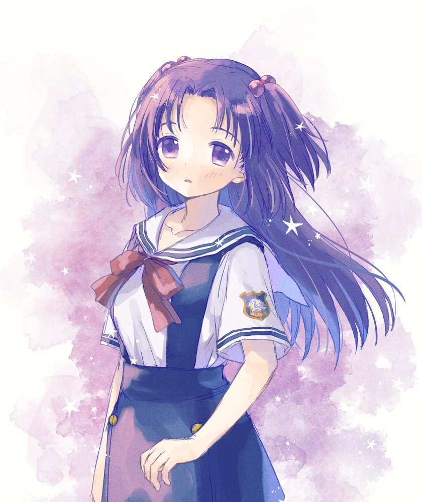 1girl, blue_hair, blue_skirt, clannad, hair_bobbles, hair_ornament, hikari_(0607_hikari), hikarizaka_private_high_school_uniform, ichinose_kotomi, long_hair, looking_at_viewer, red_ribbon, ribbon, sailor_collar, sailor_shirt, school_uniform, shirt, skirt, solo, suspender_skirt, suspenders, two_side_up, upper_body, violet_eyes, white_sailor_collar, white_shirt