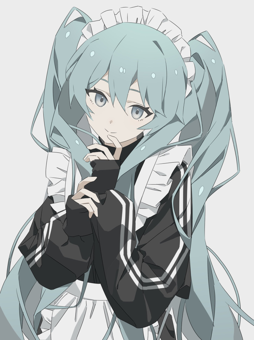 1girl, alternate_costume, apron, aqua_eyes, aqua_hair, azuki_(ckxs7444), black_jacket, closed_mouth