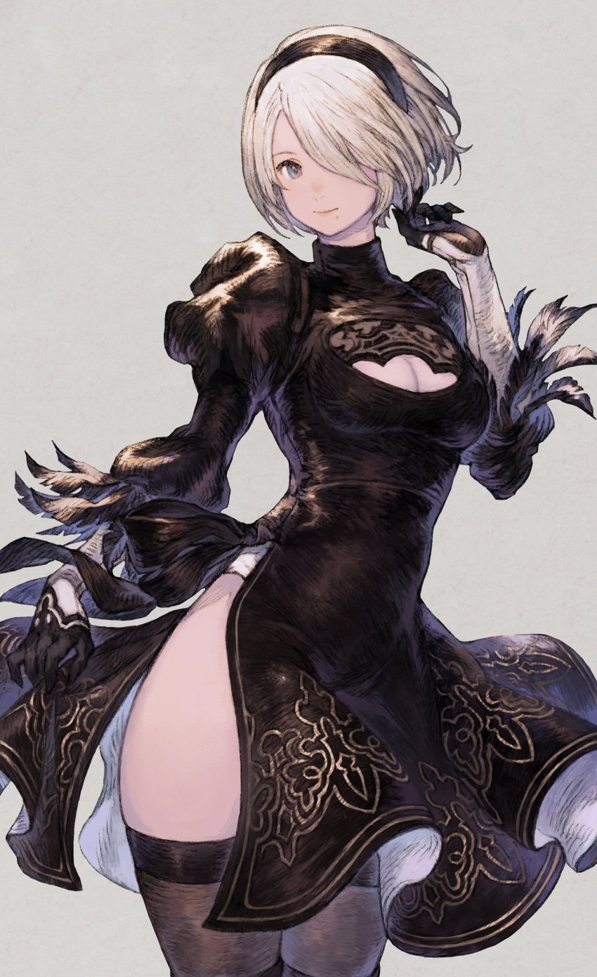 1girl, absurdres, black_dress, black_hairband, blue_eyes, cleavage_cutout, clothing_cutout, dress