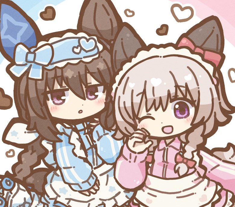 2girls, admire_vega_(umamusume), animal_ears, apron, blue_bow, blue_jacket, blush, bow