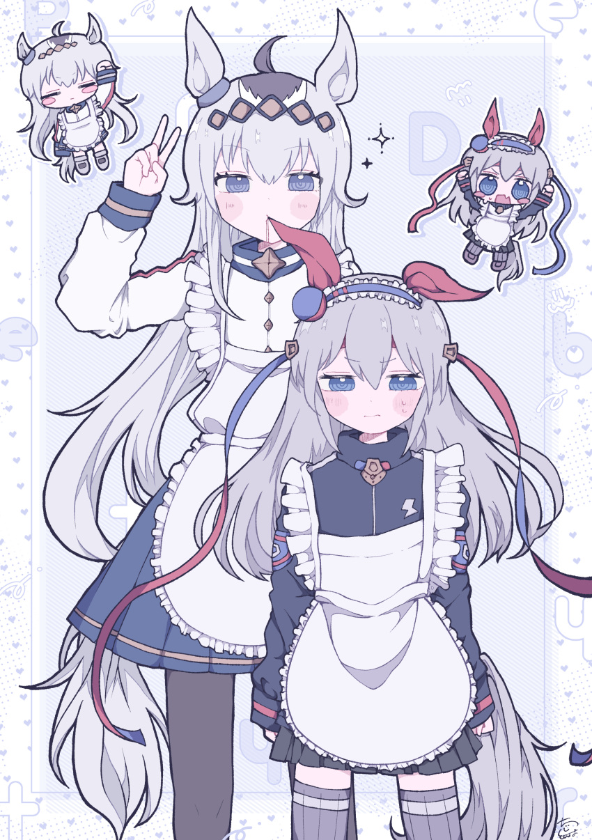 2girls, absurdres, ahoge, animal_ears, apron, biting, blue_eyes, blue_hairband