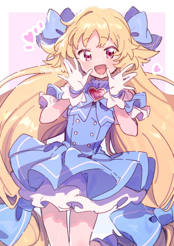 1girl, :d, blonde_hair, blue_bow, blue_bowtie, blue_dress, blush, border