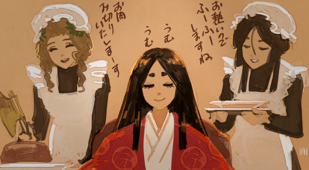 3girls, ^_^, apron, black_hair, blonde_hair, closed_eyes, fmu, holding