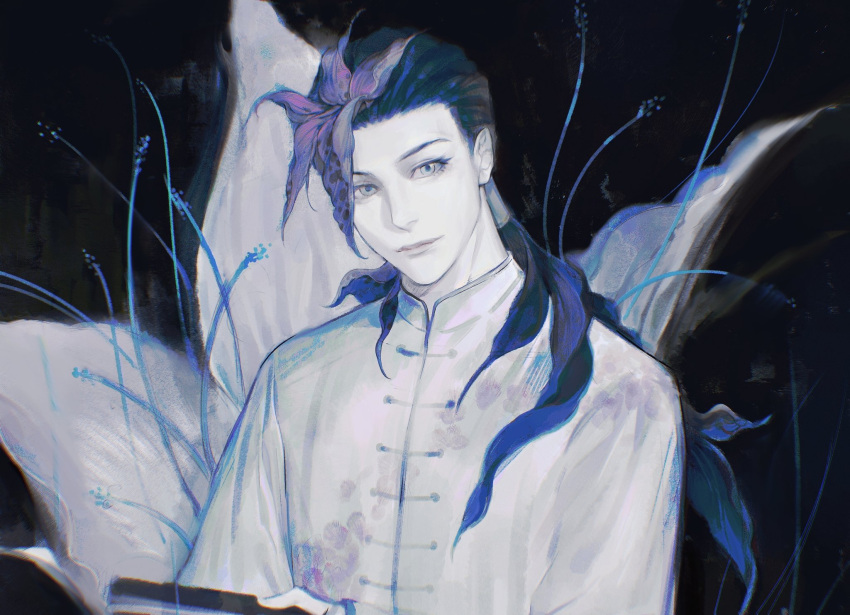 1boy, blue_theme, blut2000, chinese_clothes, dark_background, flower, hair_flower, hair_ornament