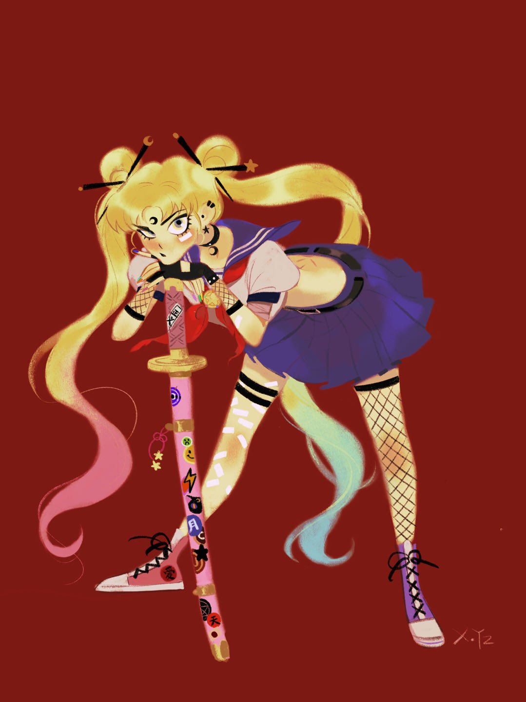 1girl, artist_logo, bandaid, belt, bishoujo_senshi_sailor_moon, blonde_hair, blue_sailor_collar, blue_skirt