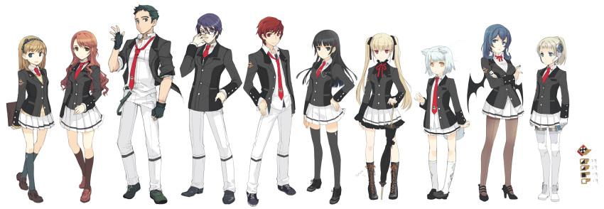 android, animal_ears, aqua_hair, bat_wings, black_hair, black_legwear, blazer, blonde_hair, blue_hair, bob_cut, boots, boushi_yae, bow, brown_hair, demon_girl, everyone, fingerless_gloves, flat_chest, fushigino_alice, glasses, gloves, h2so4, hair_ribbon, hairband, hand_on_hip, headset, high_heels, highres, kneehighs, kongou_musashi, kujouin_kagami, kurono_magokoro, lace, legs, lily_lendbrum, lineup, long_hair, mitsuba_kaede, moto_yuusha, necktie, orange_hair, ore_to_kanojo_ga_maou_to_yuusha_de_seitokaichou, original, pantyhose, pink_hair, pleated_skirt, ponytail, red_hair, ribbon, robot_joints, school_uniform, shoes, short_hair, silver_hair, simple_background, skirt, smile, sneakers, socks, tail, thigh-highs, thighhighs, tozawa_koutarou, twintails, umbrella, waving, wavy_hair, white_hair, wings, yukino_(ore_to_kanojo_ga_maou_to_yuusha_de_seitokaichou), zettai_ryouiki