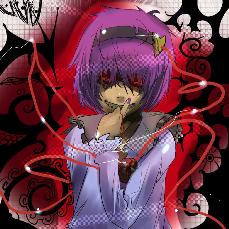 blood, evil_grin, glowing_eyes, gyoza_emon, headband, komeiji_satori, nail_polish, pink_hair
