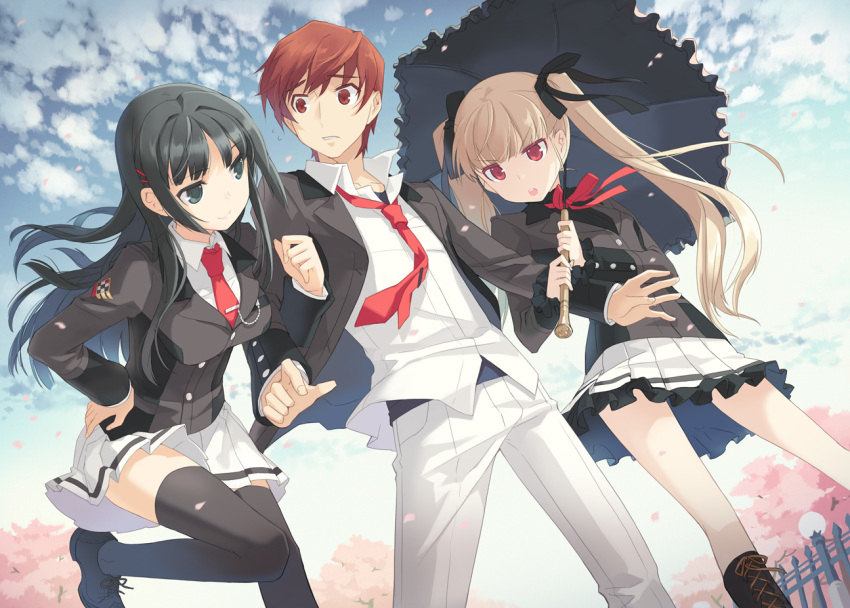 angry, aqua_eyes, arm_holding, bangs, black_hair, black_legwear, blazer, blonde_hair