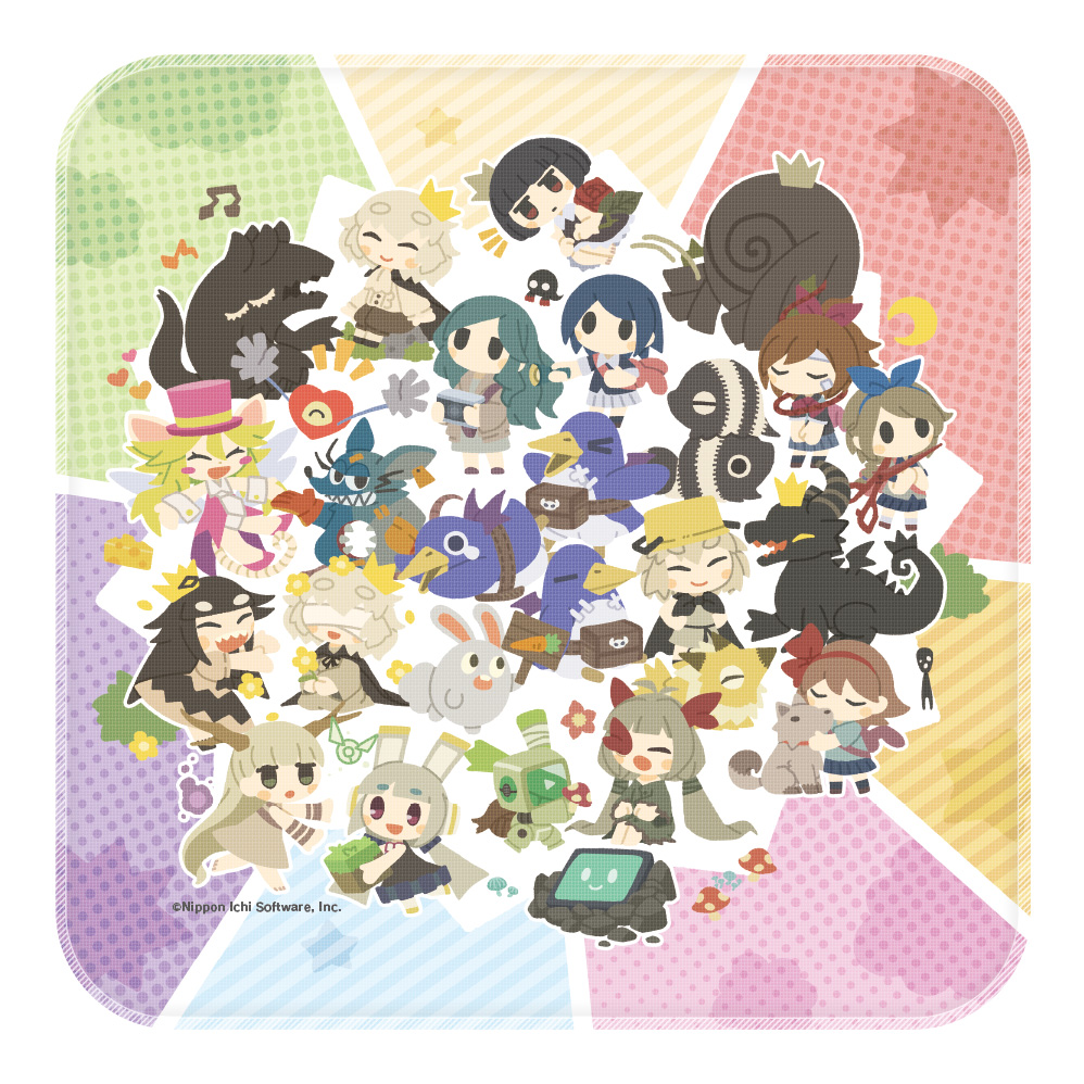 2boys, 6+girls, artist_request, bandages, bandages_over_eyes, blind_prince, camera, character_request, chibi, closed_eyes, creature, crescent, crown, dog, dragon, full_body, ghost, haru_(yomawari), heart_(mad_rat_dead), holding, holding_camera, horns, hotaru_(htol#niq), htol#niq:_hotaru_no_nikki, liar_princess, liar_princess_(wolf_form), mad_rat_(mad_rat_dead), mad_rat_dead, mion_(htol#niq), monster, multiple_boys, multiple_girls, mushroom, musical_note, nippon_ichi, official_art, omoide_no_naka_no_shoujo, open_mouth, prinny, protagonist_(yomawari), rabbit, rat_god_(mad_rat_dead), robot, rose_(rose_to_tasogare_no_kojou), rose_to_tasogare_no_kojou, scissors, sharp_teeth, shin_yomawari, smile, teeth, titan_(rose_to_tasogare_no_kojou), toriko_(void_terrarium), usotsuki_hime_to_moumoku_ouji, void_terrarium, warui_ousama_to_rippana_yuusha, yomawari, yomawari_(series), yomawari_san, yui_(yomawari), yuzu_(yomawari)