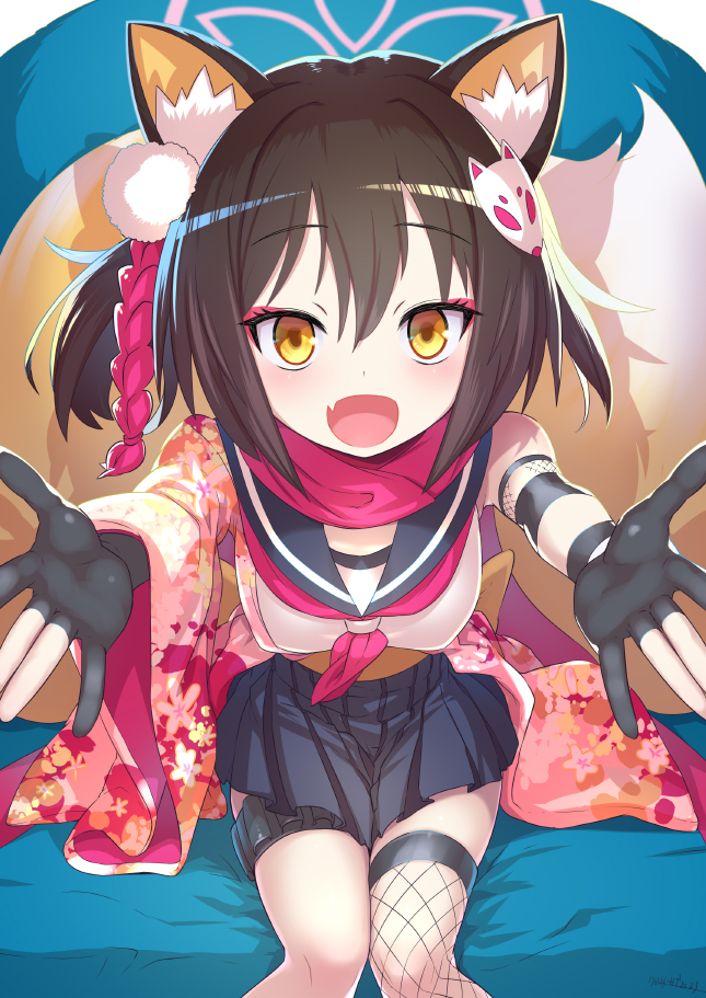 1girl, animal_ear_fluff, animal_ears, black_skirt, blue_archive, blue_sailor_collar, brown_hair, fox_ears