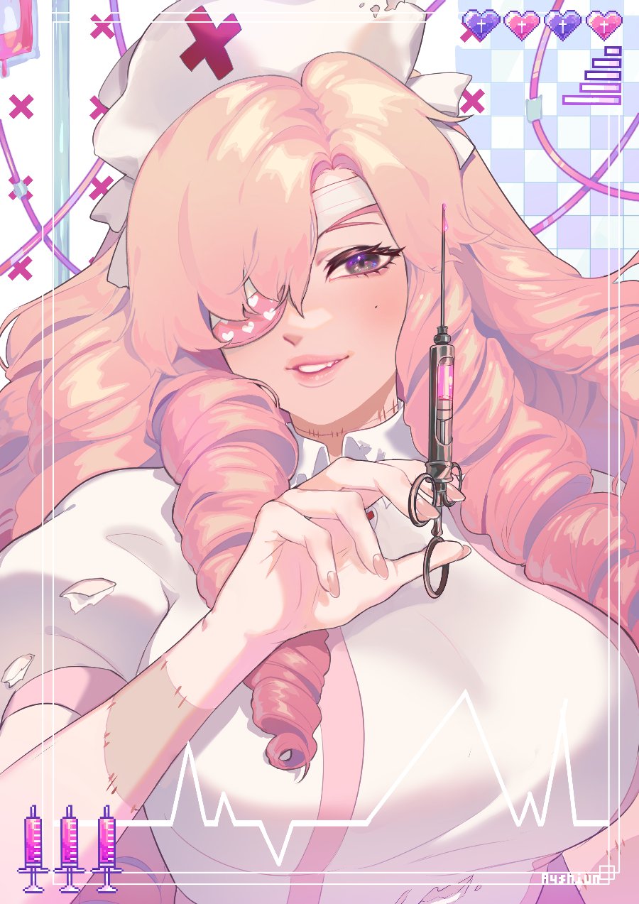 1girl, ayshiun, blush, breasts, cross, dress, drill_hair, hat