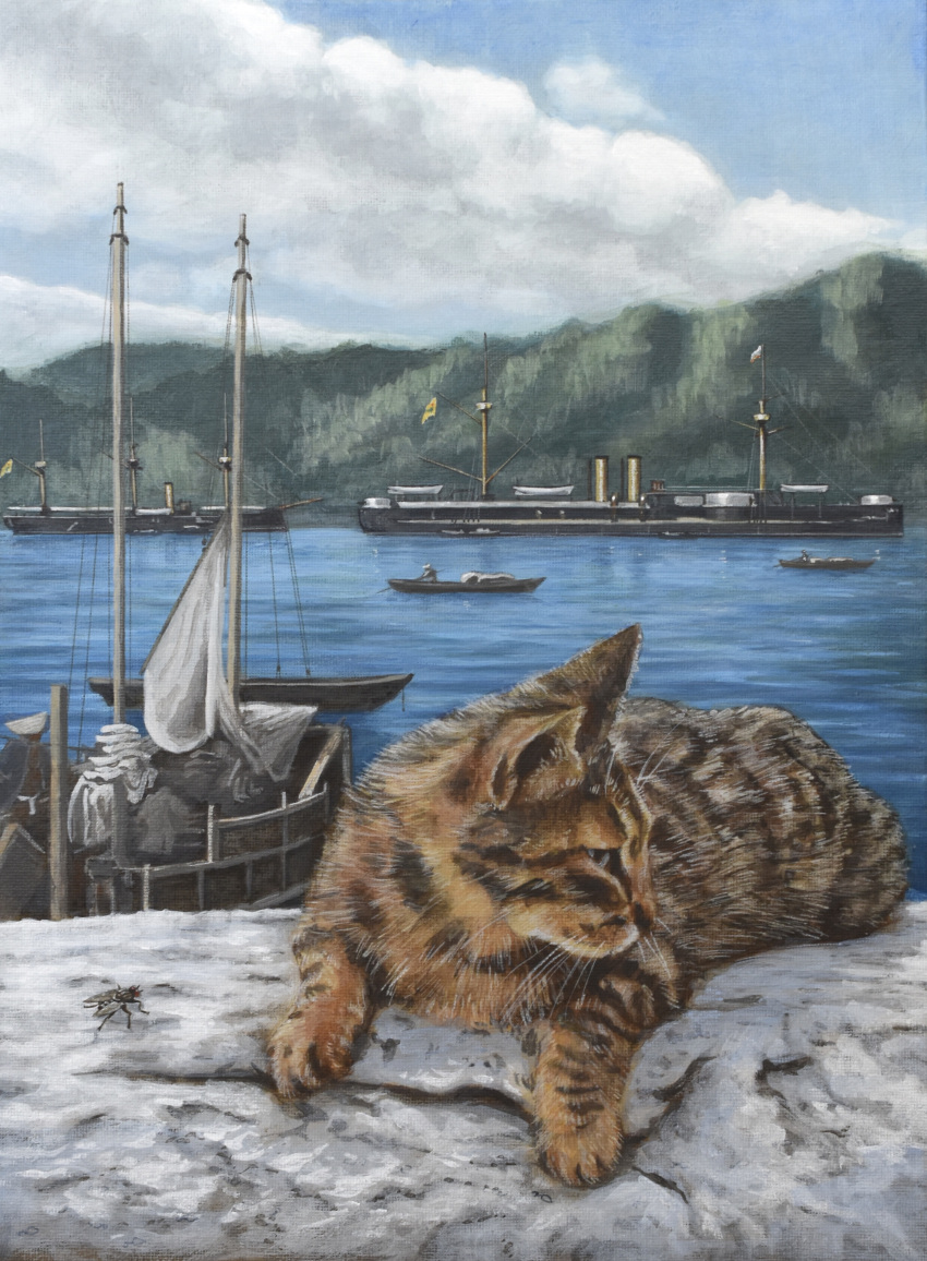 absurdres, acrylic_paint_(medium), animal_focus, atoriebono, bug, cat, clouds, commentary_request