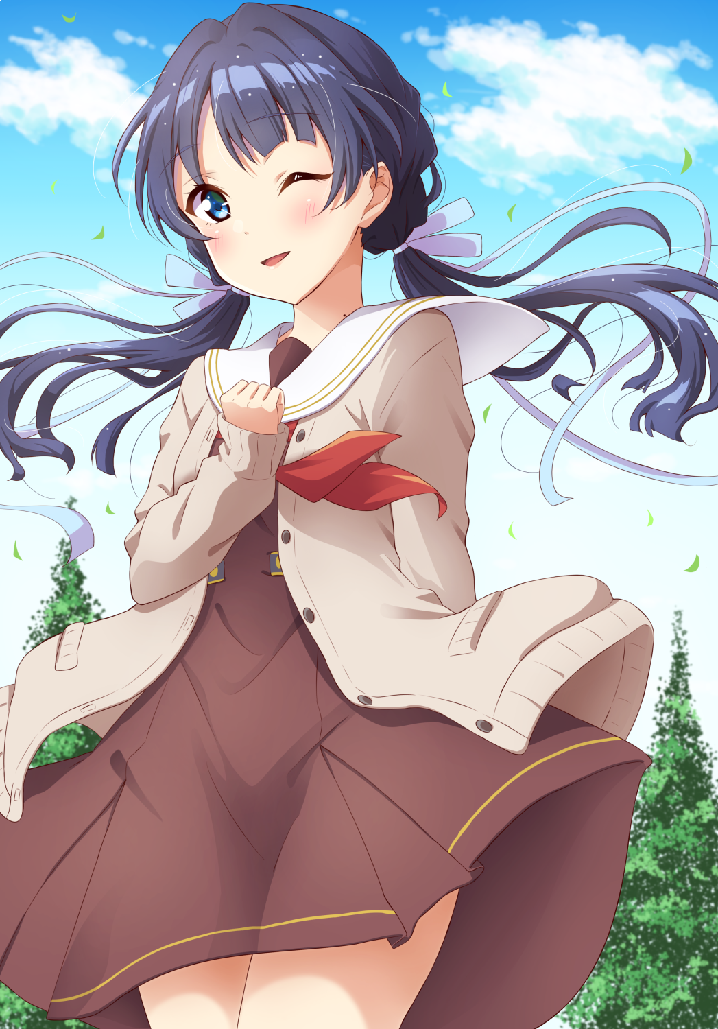 1girl, ;d, arm_behind_back, black_hair, blue_eyes, blush, brown_cardigan, brown_dress