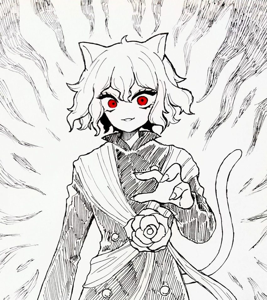 1other, androgynous, animal_ears, cat_ears, cat_tail, chimera_ant, fingernails, floral_print, highres, hunter_x_hunter, kisaragi_02468, long_sleeves, looking_at_viewer, monochrome, neferpitou, other_focus, red_eyes, rose_print, sharp_fingernails, short_hair, smile, solo, tail, upper_body, white_background, white_hair