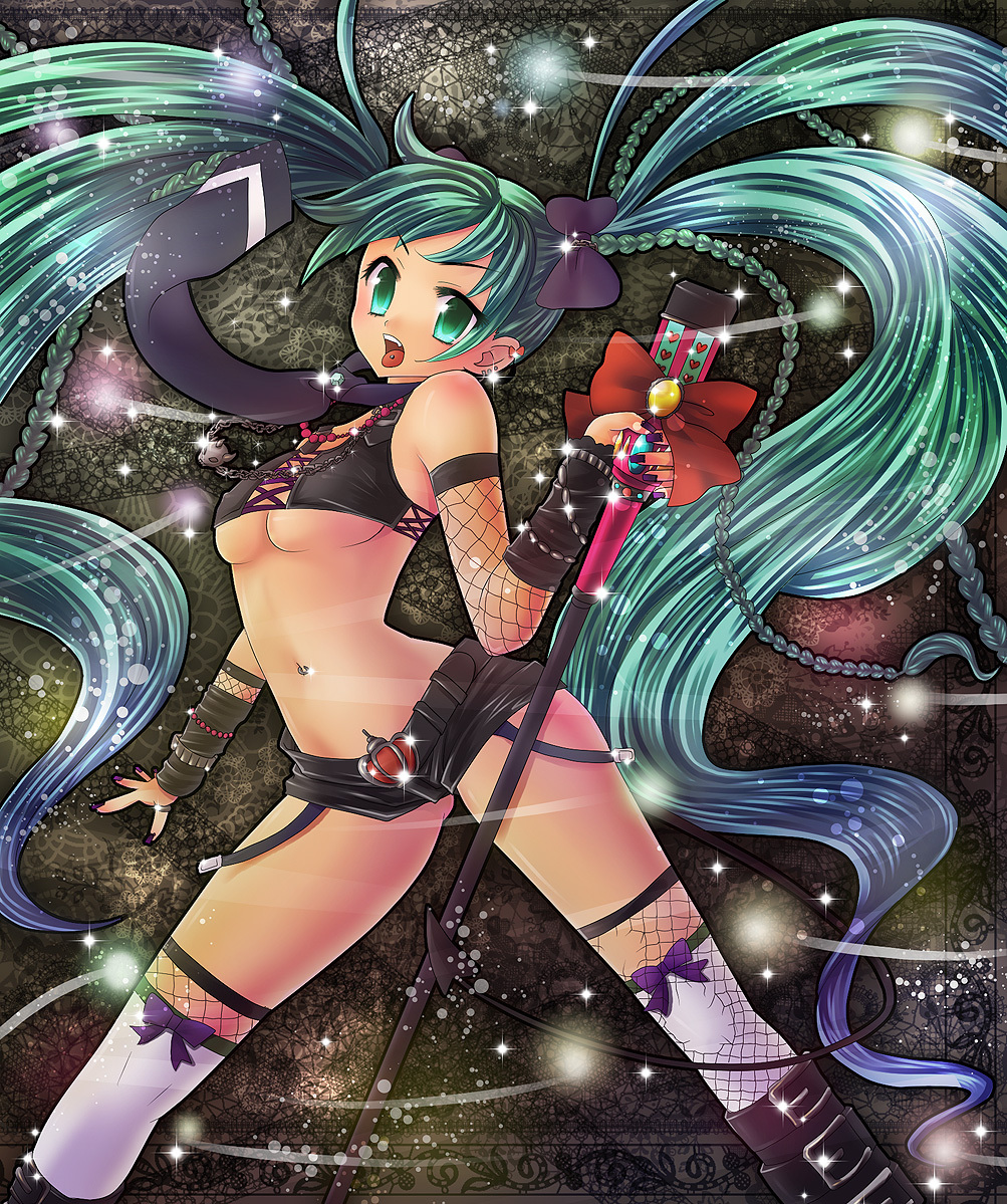 aqua_eyes, aqua_hair, boots, bow, braid, breasts, cherry_peachcat, demon_tail