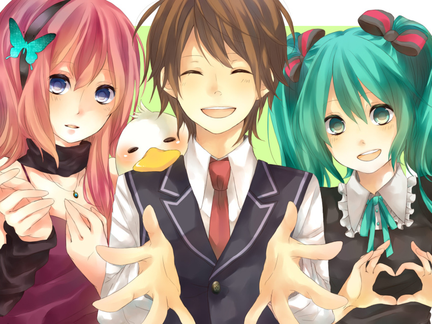 aqua_hair, bad_id, bow, butterfly, duck, formal, gogoma_(yth), hair_bow