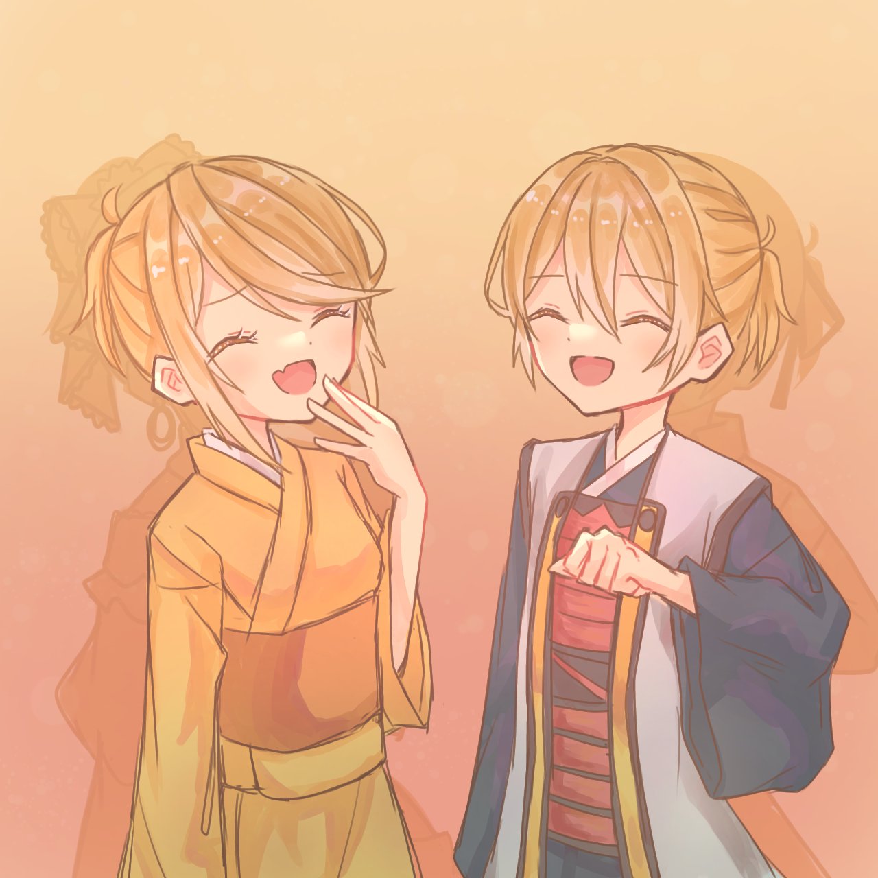 1boy, 1girl, ^_^, alternate_universe, aquamarinu, blue_kimono, closed_eyes, enbizaka_no_shitateya_(vocaloid)
