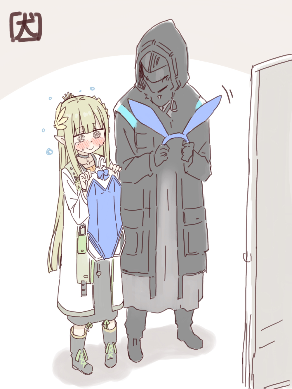1girl, 1other, @_@, akanotanin13, animal_ears, arknights, blue_leotard, blush