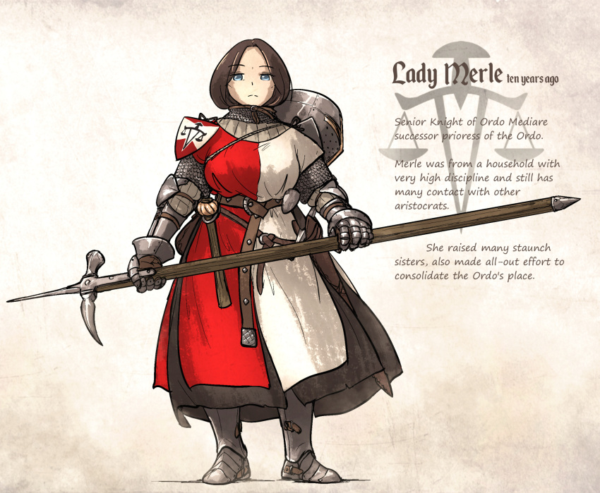 1girl, armor, bassinet, belt, blue_eyes, brown_hair, english_text, gambeson