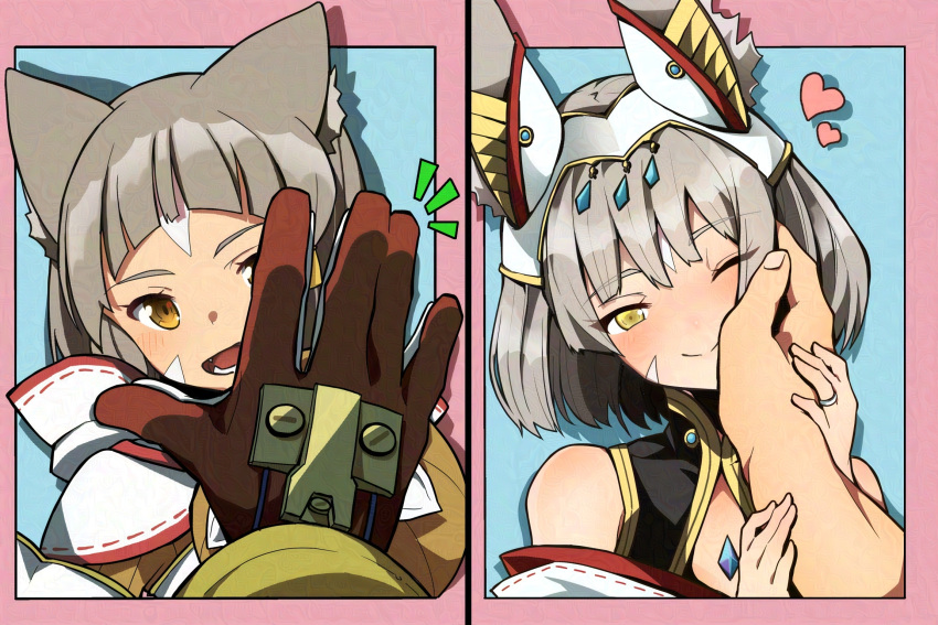 1boy, 1girl, age_progression, animal_ears, blunt_bangs, blush, cat_ears, cat_girl