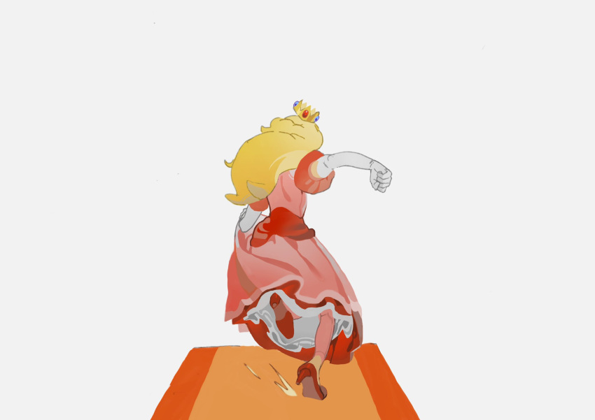 1girl, back, blonde_hair, crown, dress, elbow_gloves, gloves, high_heels