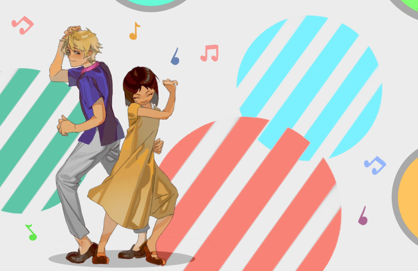 1boy, 1girl, blonde_hair, blue_shirt, bob_cut, brown_footwear, brown_hair, closed_eyes