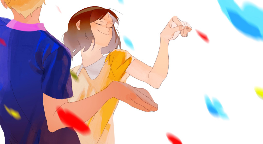 1boy, 1girl, :>, blonde_hair, blue_shirt, bob_cut, brown_hair, closed_eyes