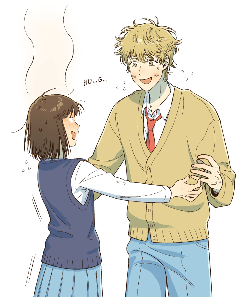 1boy, 1girl, blonde_hair, blue_pants, blue_skirt, blush, bob_cut, brown_eyes