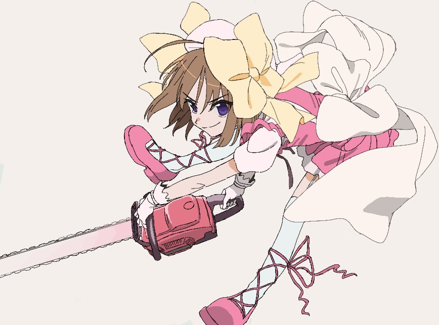 1girl, ahoge, beret, bow, brown_hair, chainsaw, closed_mouth, commentary_request