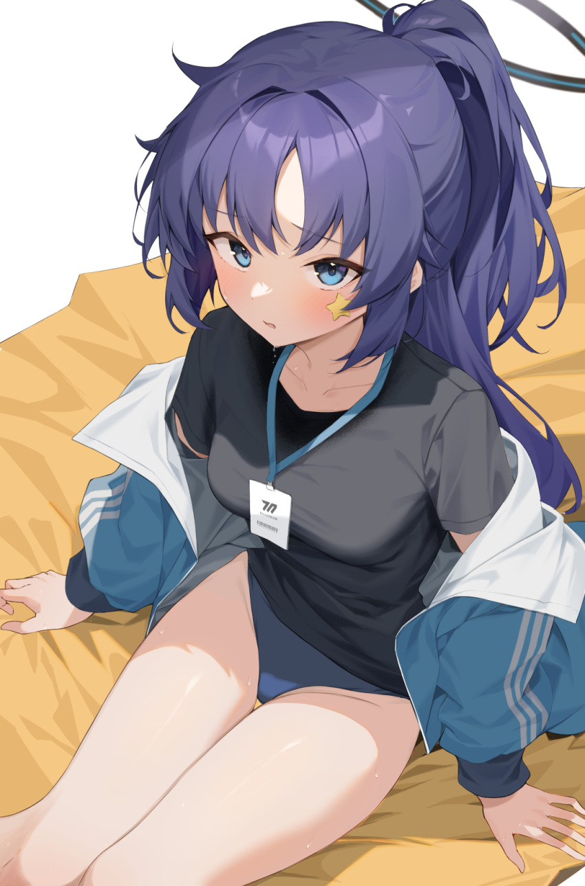 black_buruma, black_shirt, blue_archive, blue_eyes, blue_hair, blue_jacket, buruma, gym_shirt