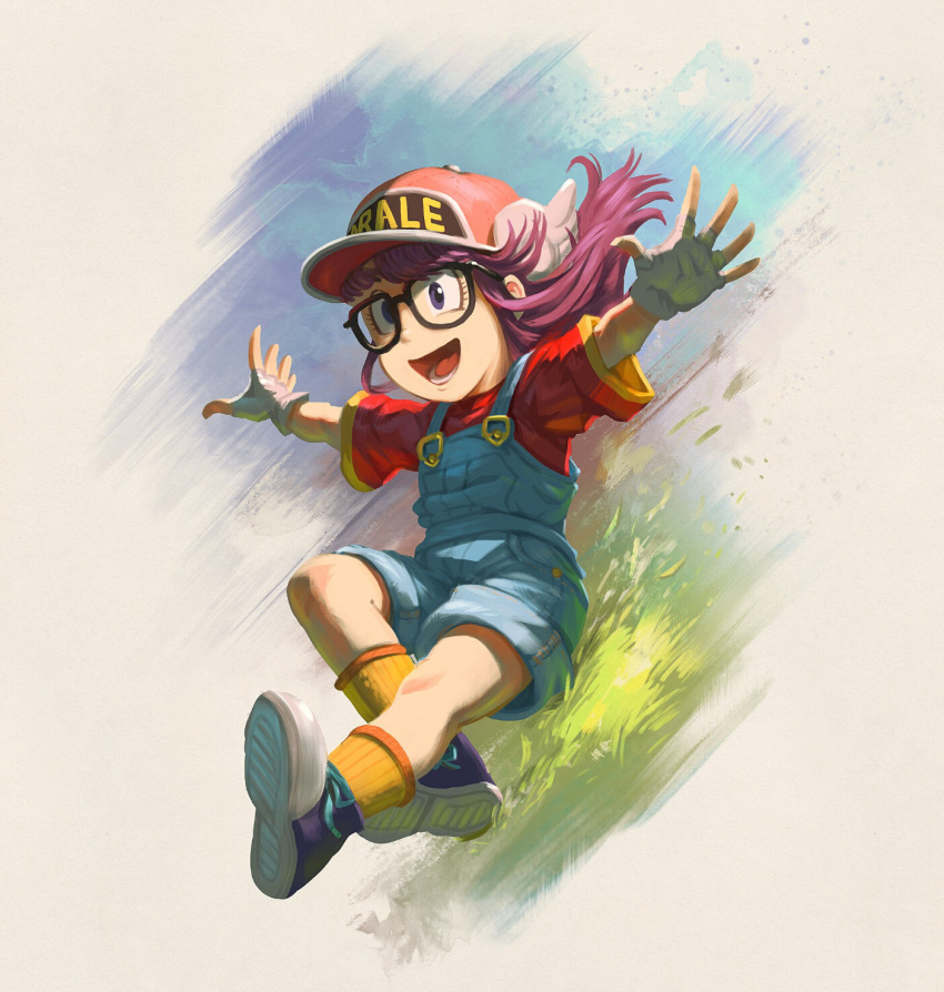1girl, baseball_cap, blue_overalls, child, david_revoy, dr._slump, english_commentary, female_child