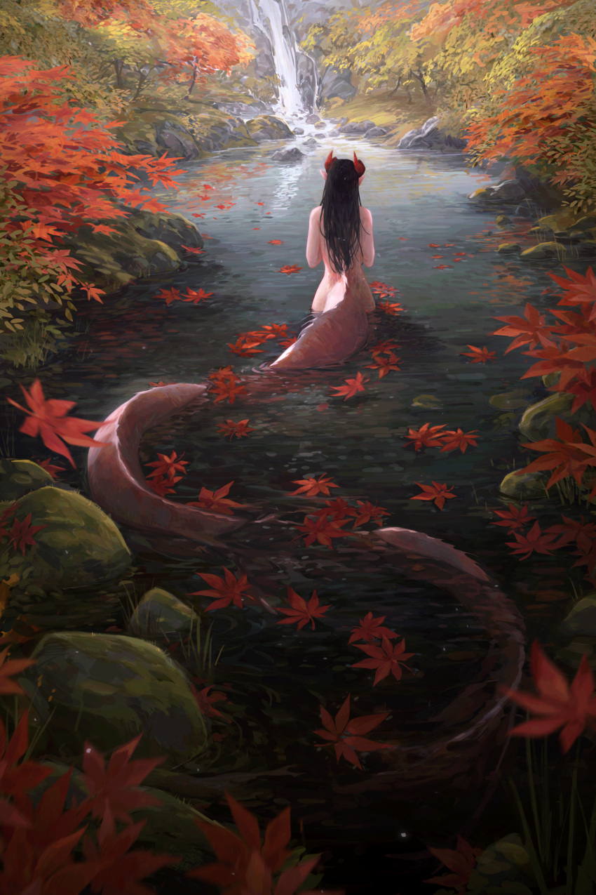 1girl, absurdres, black_hair, commentary, day, dragon_girl, dragon_horns, dragon_tail