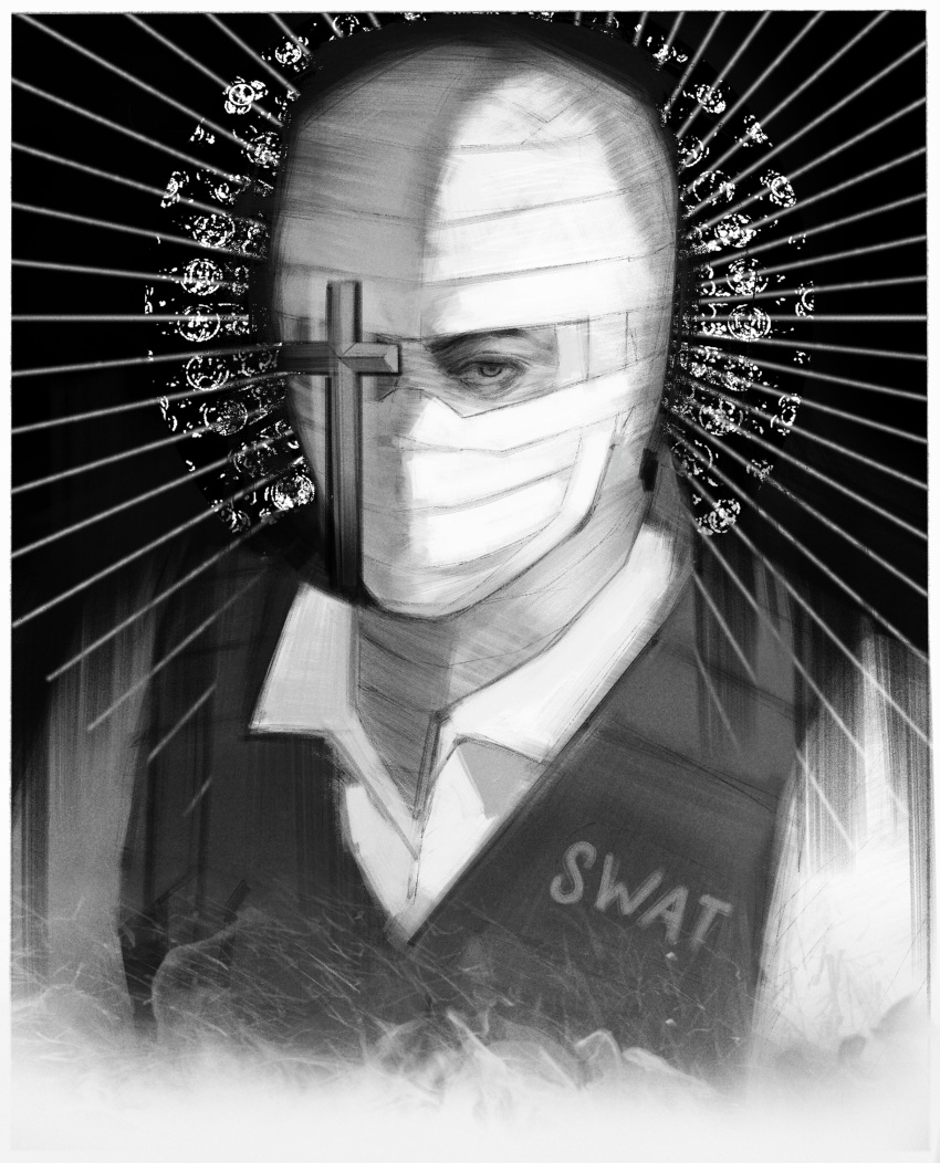 1boy, absurdres, bandaged_head, bandages, bulletproof_vest, commentary, cross, emphasis_lines