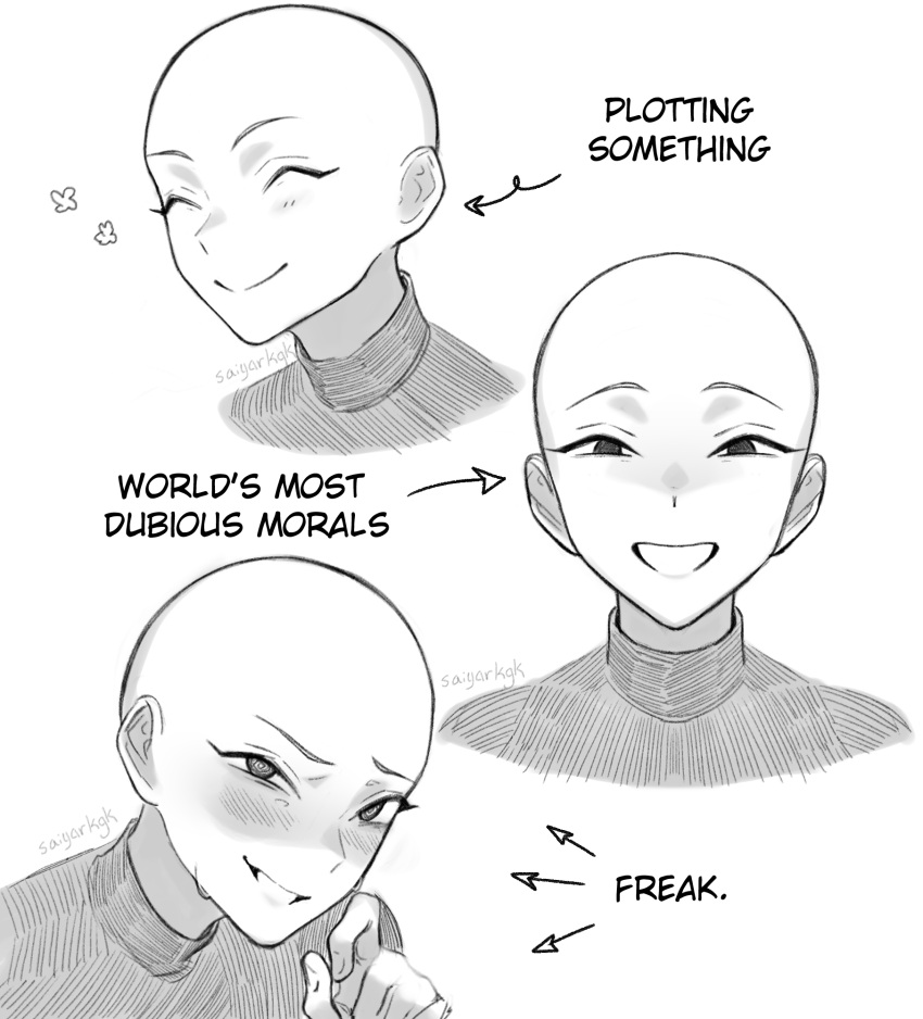1other, @_@, androgynous, arrow_(symbol), artist_name, bald, closed_eyes, commentary
