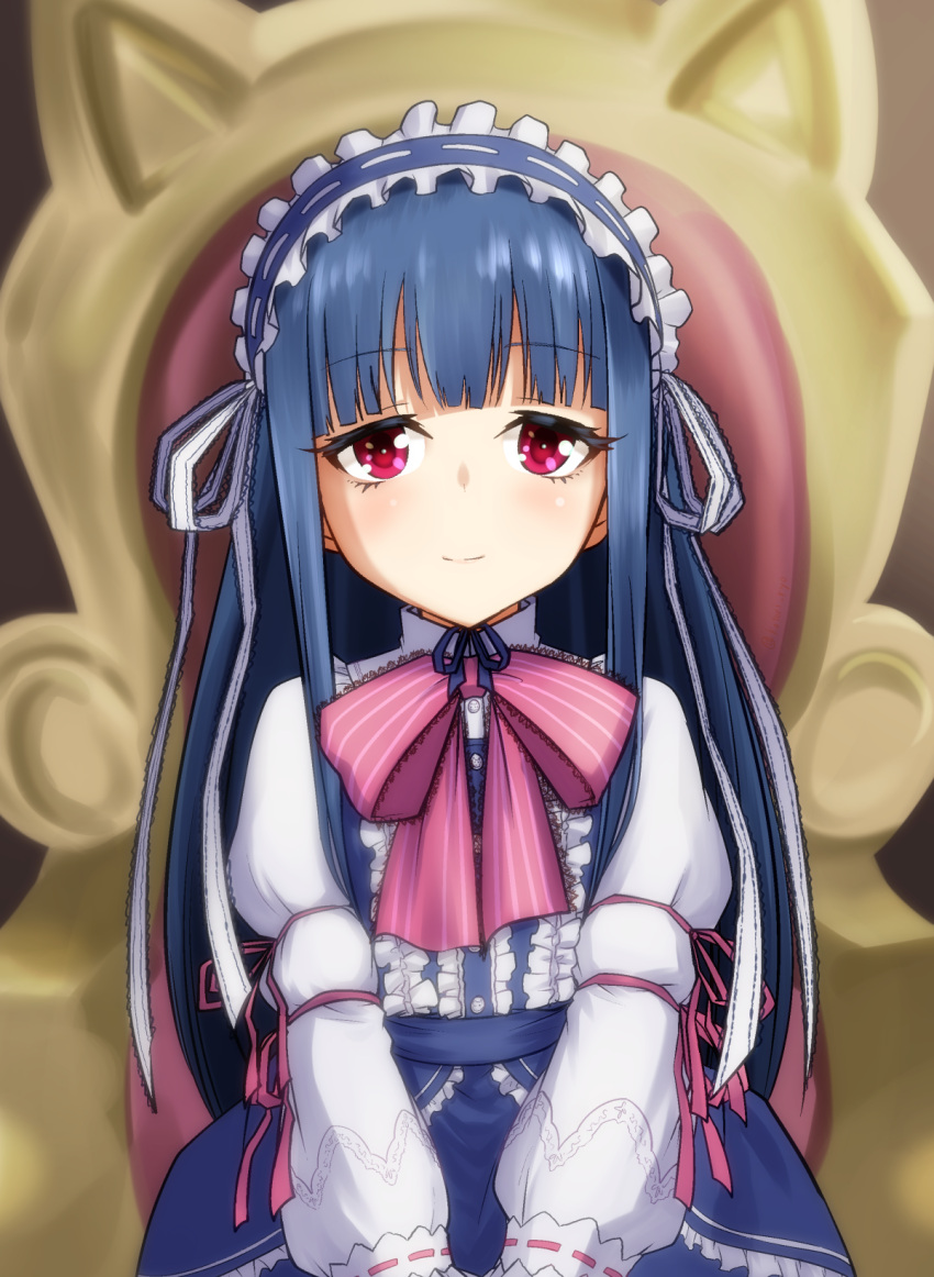1girl, blue_hair, blue_skirt, commentary_request, frills, hairband, highres, idolmaster